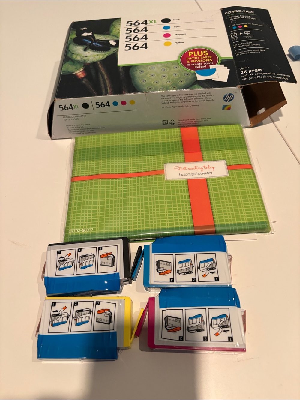 HP 564 Ink Color & Black & Paper Envelopes Open Box T4